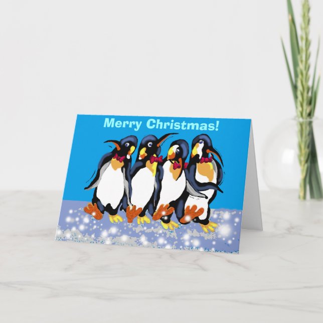 Cartão De Festividades Pinguins em tigelas, Feliz Natal! (Frente)