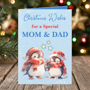 Cartão De Festividades Pinguins especiais Mamãe e Papai azul natal