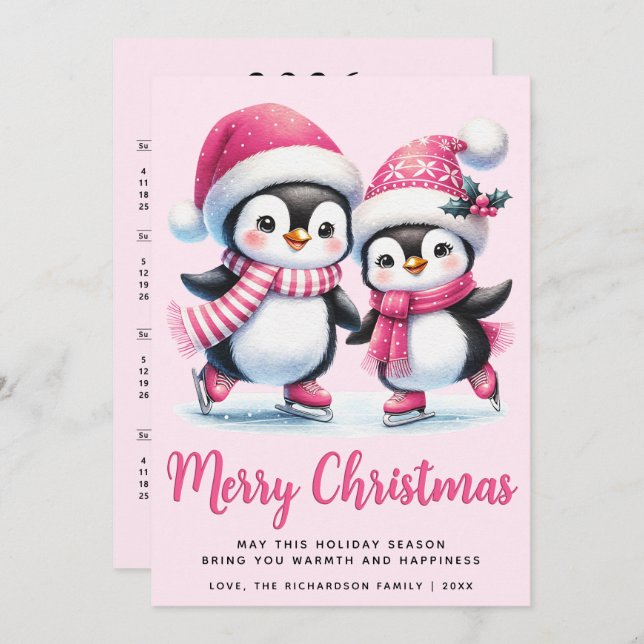 Cartão De Festividades Pinguins Fofo de Patinação no Gelo de Natal Cor-de (Frente/Verso)
