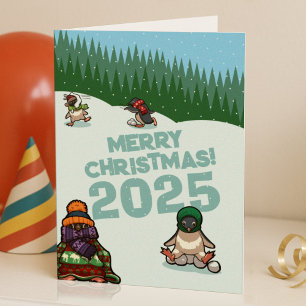Cartão De Festividades Pinguins Fofos Adicionam Ano Feliz Natal! Inverno