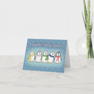 Cartão De Festividades Pinguins Fofos Desenhados à Mão Arte Ingênua Única