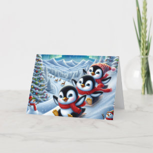 Cartão De Festividades Pinguins Fofos Deslizando pela Colina Natal