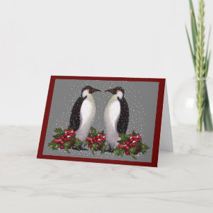 Cartão De Festividades Pinguins na neve: Natal Casal: Holly: Arte