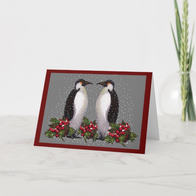 Cartão De Festividades Pinguins na neve: Natal Casal: Holly: Arte (Frente)