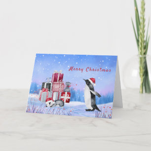 Cartão De Festividades Pinguins Pacotes Vermelhos Aquarela Natal