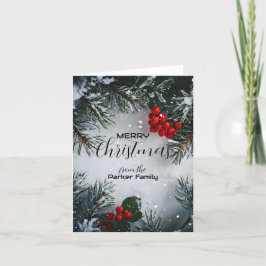 Cartão De Festividades Pinheiro coberto de neve, frutos de azevim, não fo