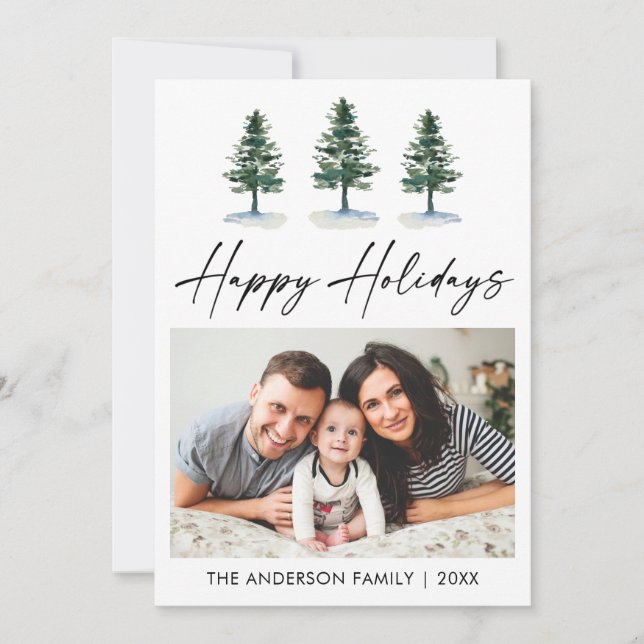 Cartão De Festividades Pinheiros de Aquarela Fotográfica com Script de Ti (Frente)