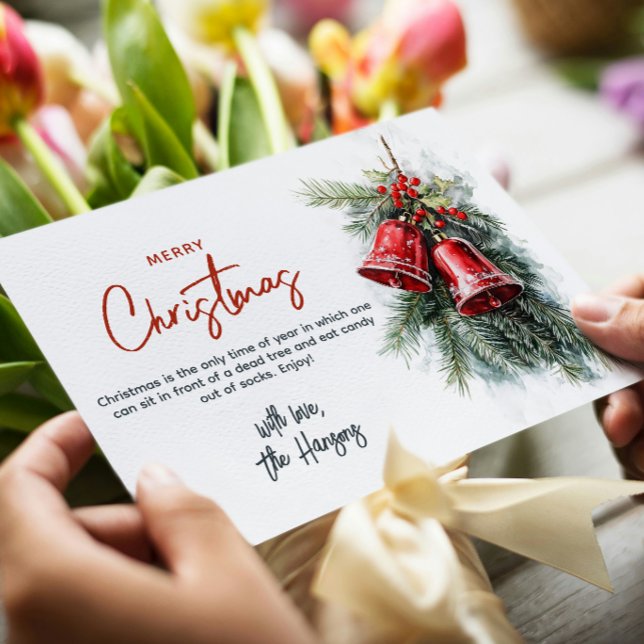 Cartão De Festividades Pinheiros e sinos vermelhos Feliz Natal (Criador carregado)