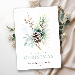 Cartão De Festividades Pinho Aquarela Frutas de Inverno Natal