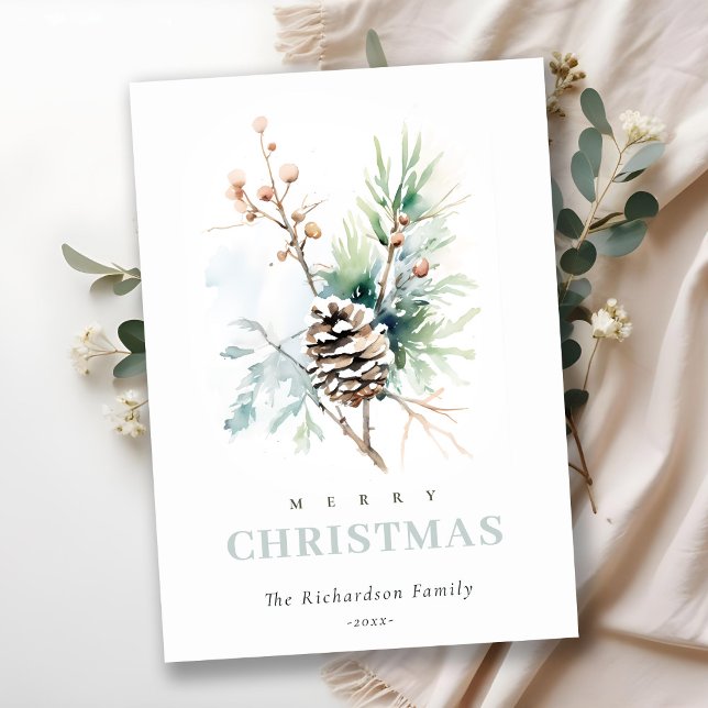 Cartão De Festividades Pinho Aquarela Inverno Frutas Natal (Criador carregado)