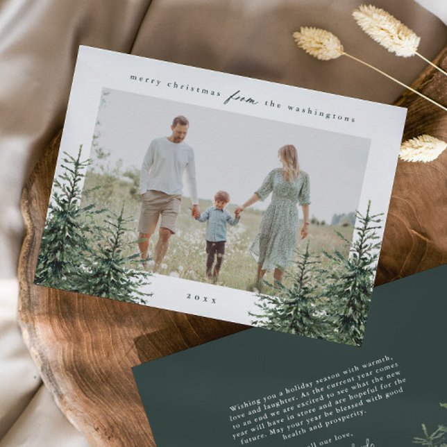 Cartão De Festividades Pinho pintado à mão Elegante Foto de Natal (Elegant Rustic Hand Painted Pine Tree Green Photo Christmas Holiday Cards.)