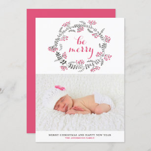 Cartão De Festividades Pink and Cinza Wreath Be Feliz Foto de Natal