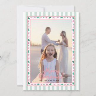 Cartão De Festividades Pink and Green Holly Leaves Border Family Photo