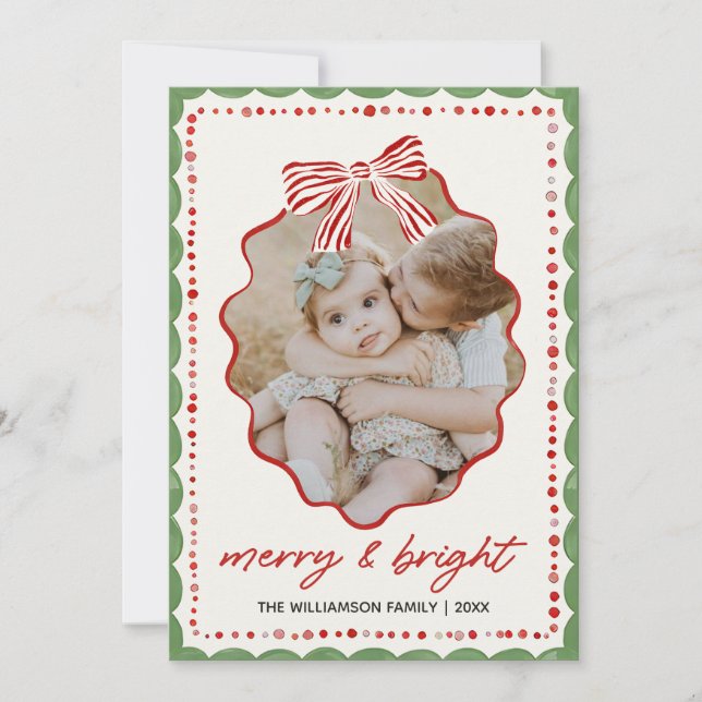 Cartão De Festividades Pink Bow Family Photo Christmas Holiday Card (Frente)