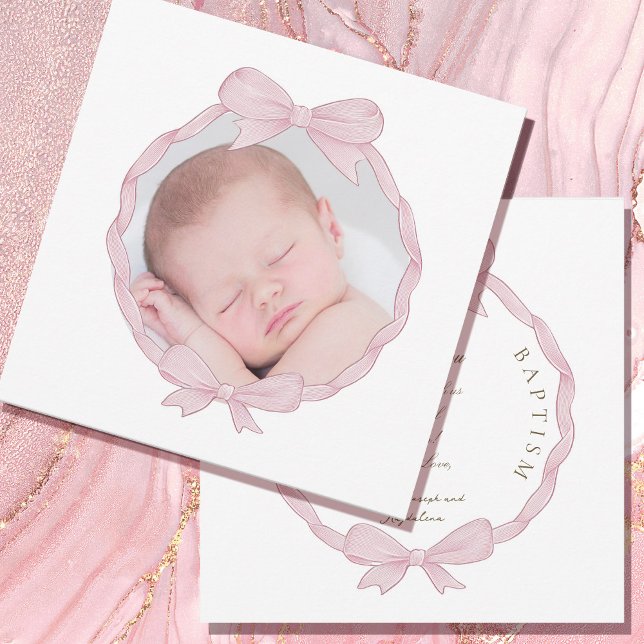 Cartão De Festividades pink bow frame Baptism small thank you card (Criador carregado)