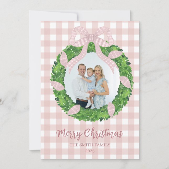 Cartão De Festividades Pink Bow Wreath Christmas Photo Holiday Card (Frente)