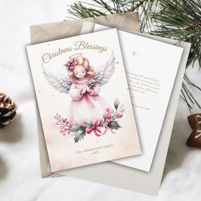 Cartão De Festividades Pink Christmas Angel Sweet Child Benessings Family (christmas blessings personalized family card child angel watercolor pink white gold)
