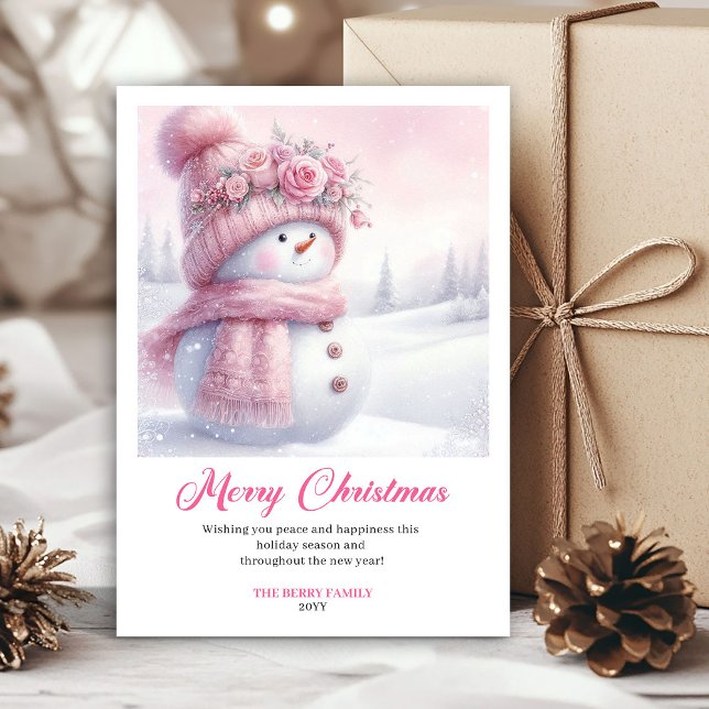 Cartão De Festividades Pink coquette snowman kids card editable instant (Pink coquette snowman kids card editable instant)