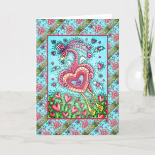 CARTÃO DE FESTIVIDADES PINK FLAMINGO CUPID E NAMORADOS DE CORAÇÕES DE VOO