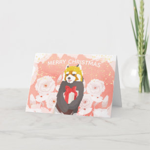 Cartão De Festividades Pink Floral Red Panda Gold Glitter Christmas Card