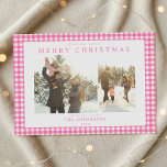 Cartão De Festividades Pink Gingham Plaid Two Photo<br><div class="desc">Create your own custom photo Christmas cards featuring two of your family pictures alongside personalized minimalist typography name and year on a cute pink gingham plaid pattern background.</div>