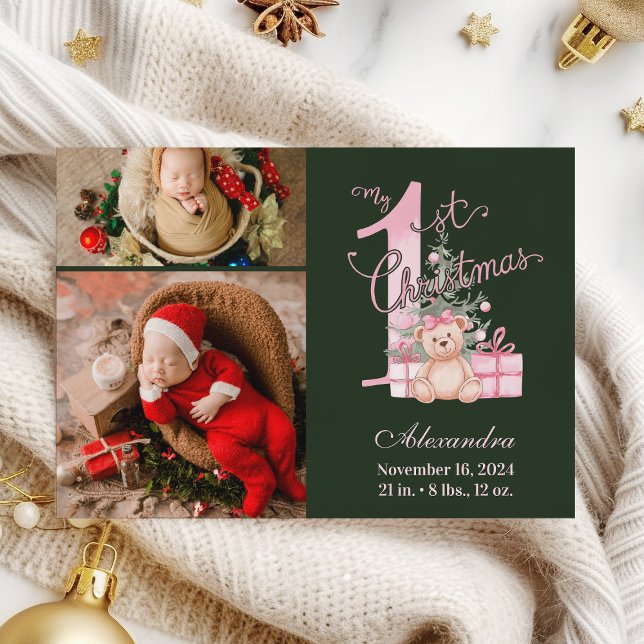 Cartão De Festividades Pink Green Baby First Christmas 2 Photo   (Criador carregado)