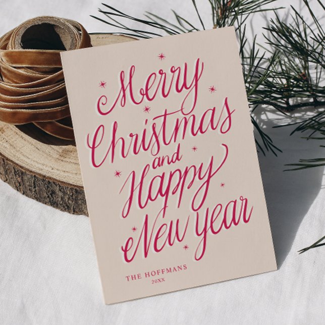 Cartão De Festividades Pink Merry Christmas and Happy New Year signature (Criador carregado)