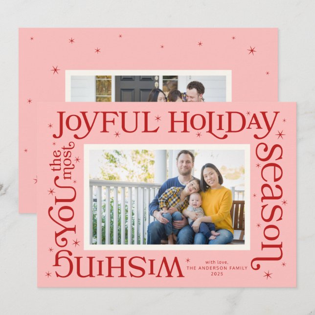 Cartão De Festividades Pink Most Joyful Holiday Season Holiday Card (Frente/Verso)