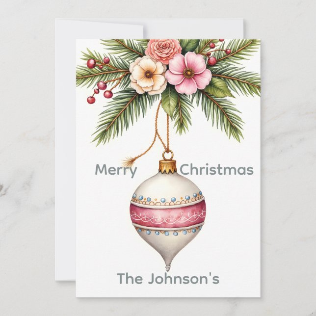 Cartão De Festividades Pink Ornament Christmas Photo (Frente)