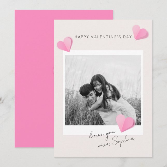 Cartão De Festividades Pink Paper Hearts Photo Love XOXO Valentine's Day (Frente/Verso)