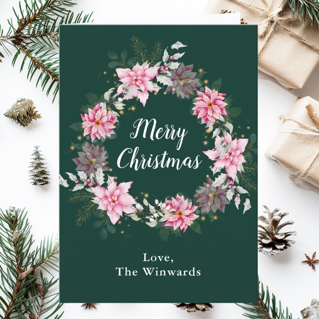 Cartão De Festividades Pink Poinsettia Wreath Feliz Natal (Criador carregado)