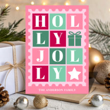 Pink Retro Holly Jolly Christmas Postage Stamp