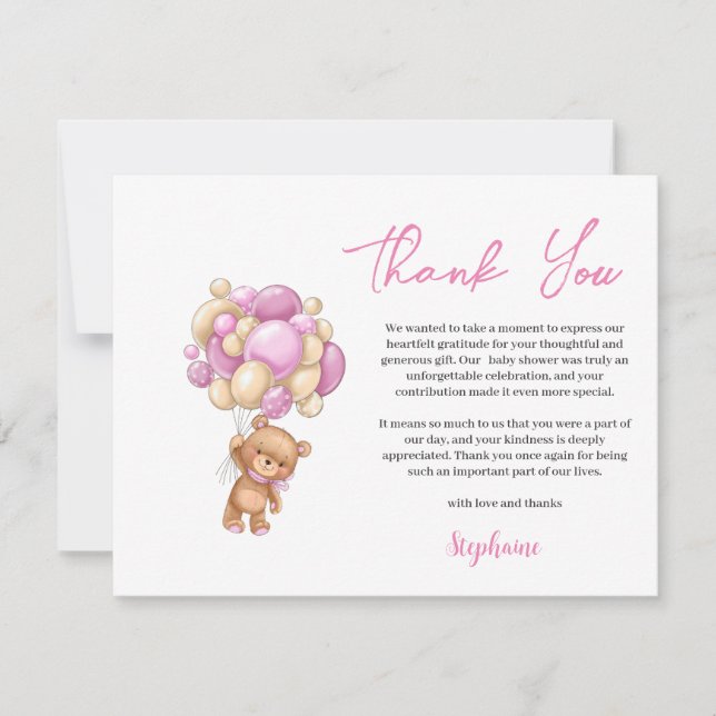 Cartão De Festividades Pink Teddy Bear  Baby shower thank you (Frente)