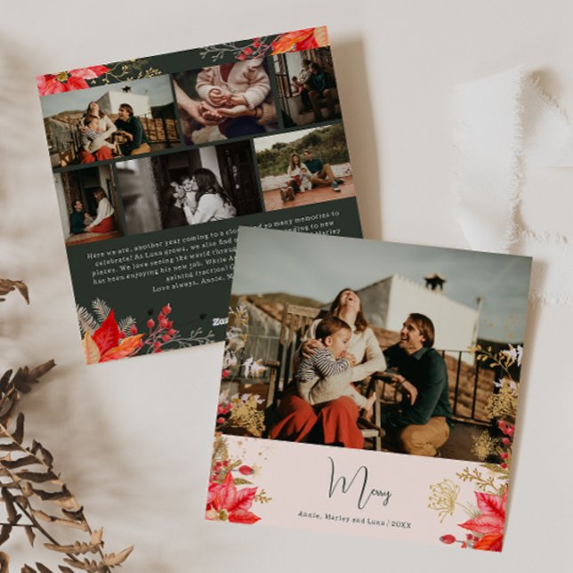 Cartão De Festividades Pink Winter Floral Feliz Sete Foto Natal (Criador carregado)