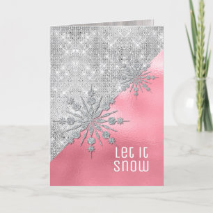Cartão De Festividades Pink with Silver Glitter Snowflakes Christmas Card