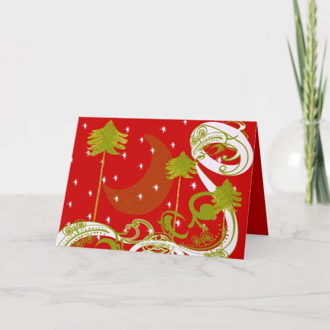 Cartão De Festividades Pinos com Lua Personalizar Alterar Cor do Fundo (Frente)