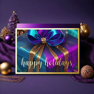 Cartão De Festividades Pintando presentes de Natal Azul Roxo Dourado