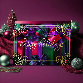 Cartão De Festividades Pintando Presentes de Natal de Roxo Verde Borgonha