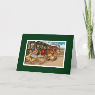 Cartão De Festividades Pintinhos amarelos no comboio - Arte antropomórfic