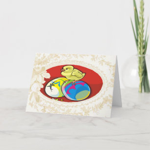 Cartão De Festividades Pintinhos com placa de Páscoa