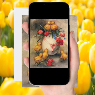 Cartão De Festividades Pintinhos de Páscoa, Ovos com Flores de Tulipas Ve