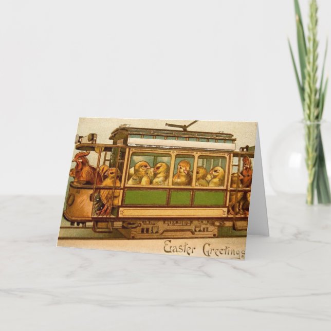 Cartão De Festividades Pintinhos felzs pascoa em uma rolley com galhos (Frente)