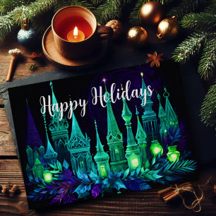 Cartão De Festividades Pintor de Aquarela Vela de Natal Púrpura Verde