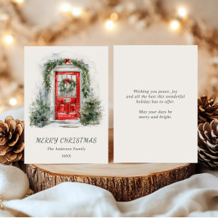 Cartão De Festividades Pintura aquarela Porta Vermelha com Coroa de Natal