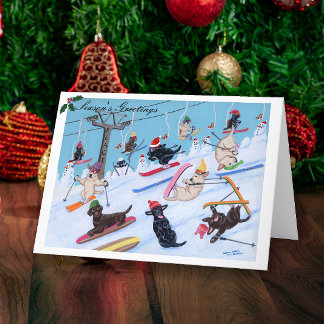 Cartão De Festividades Pintura de esqui de Labradors do Natal do