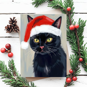 Cartão De Festividades Pintura de Natal de Gato Preto com Chapéu de Papai
