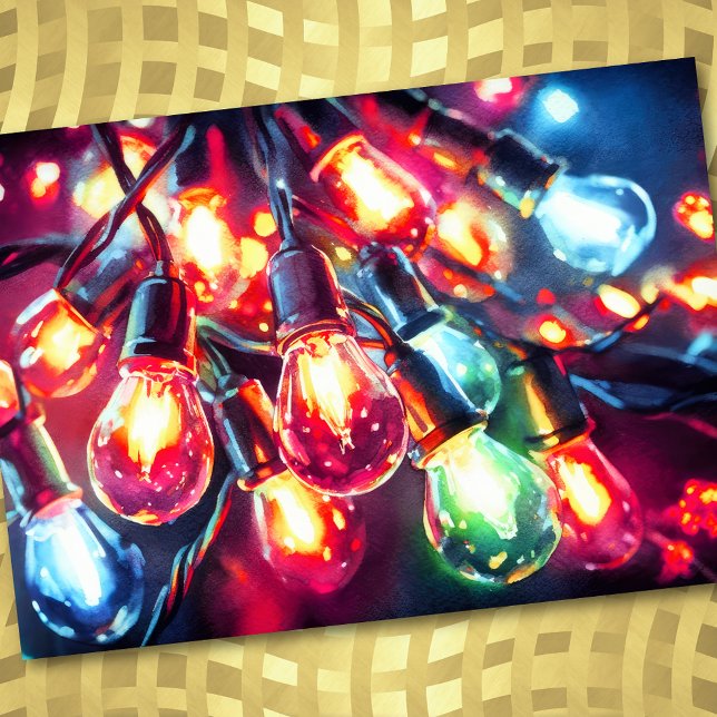 Cartão De Festividades Pintura em Aquarela Luz de Natal Festa de String (Criador carregado)