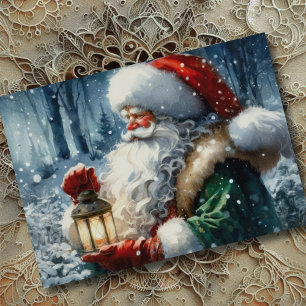 Cartão De Festividades Pintura em Aquarela Papai Noel na Floresta Nevada