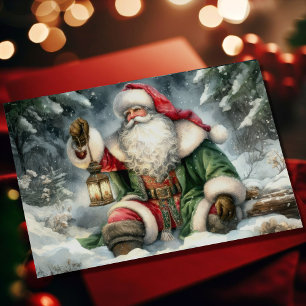 Cartão De Festividades Pintura em Aquarela Papai Noel na Floresta Nevada
