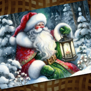 Cartão De Festividades Pintura em Aquarela Papai Noel na Floresta Nevada